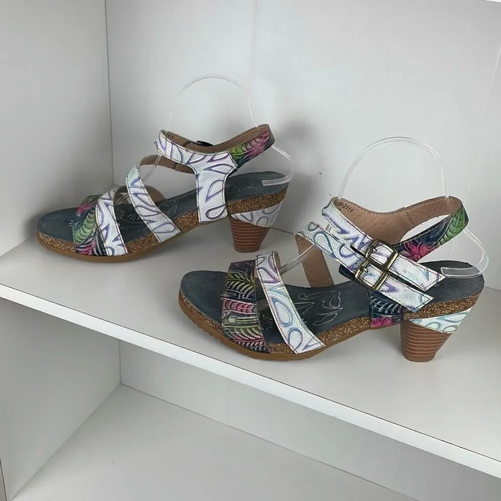 L’Artiste by Spring Step Bakiki Floral Embossed Leather Strappy Sandals 42